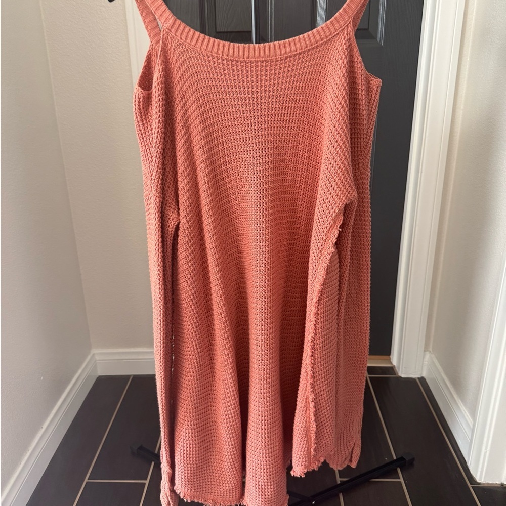 Free People Terracotta Cold-Shoulder V-Neck Swing Sweater - Picture 3 of 4